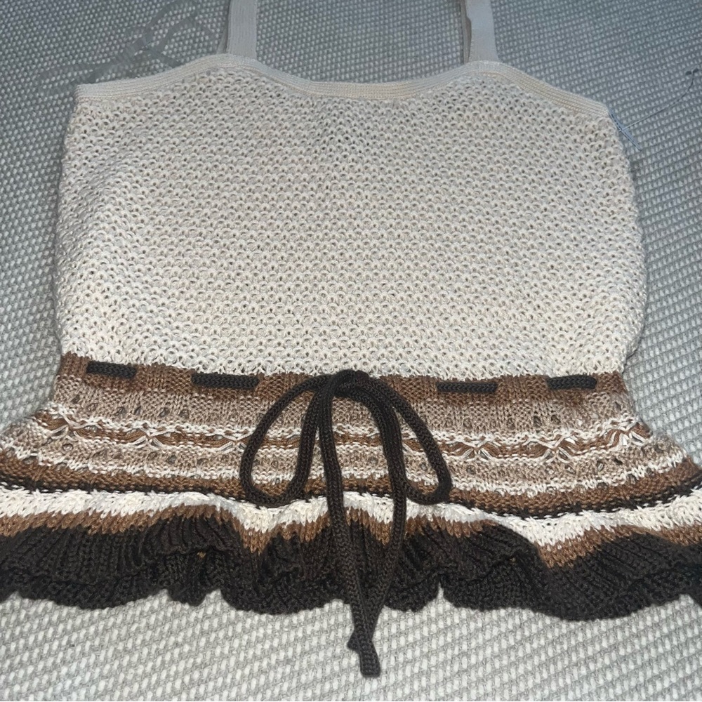 Von Maur Tie Front Crochet Ruffle Peplum Tank Top Brown Cream Stripe Sz S NWT